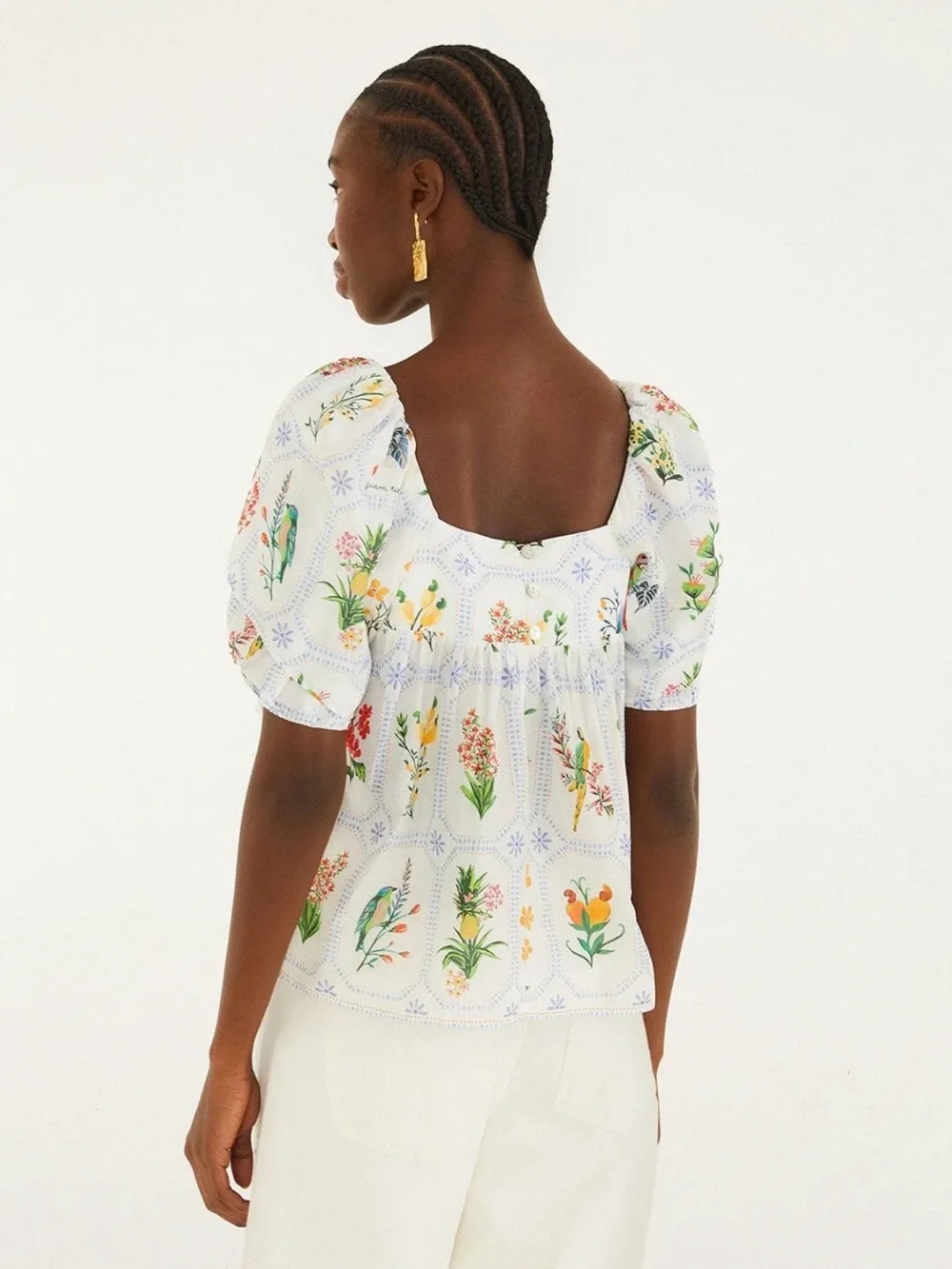 Floral Print Square Neck Puff Sleeve Top - White